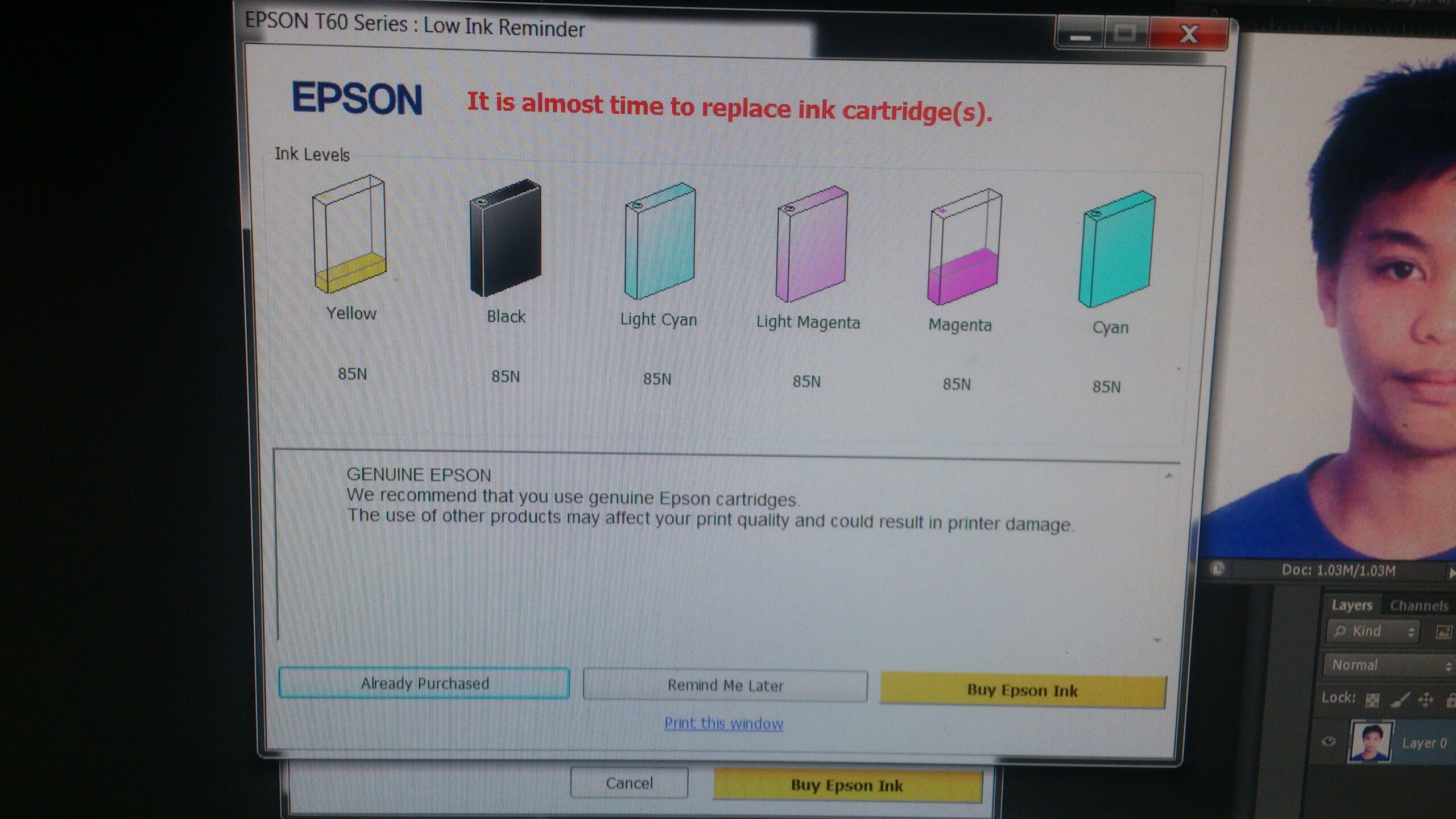 Epson T60 printer showing general error message during operation