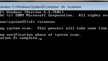 Command Prompt window in Windows 7 with the "sfc /scannow" command running, displaying system file verification progress.