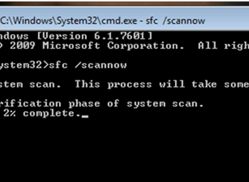 Command Prompt window in Windows 7 with the "sfc /scannow" command running, displaying system file verification progress.