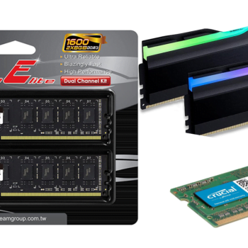 Illustration showing different types of memory for laptop and desktop PCs, including DDR3, DDR4, DDR Type for desktop, and SODIMM for portable device like laptop