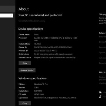 System Properties window showing computer's hardware specifications including processor and RAM details.