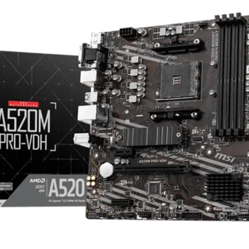 MSI A520M PRO-VDH motherboard overview showing Ryzen compatibility, dual memory slots, M.2 slot, and PCIe slots for budget gaming and productivity.