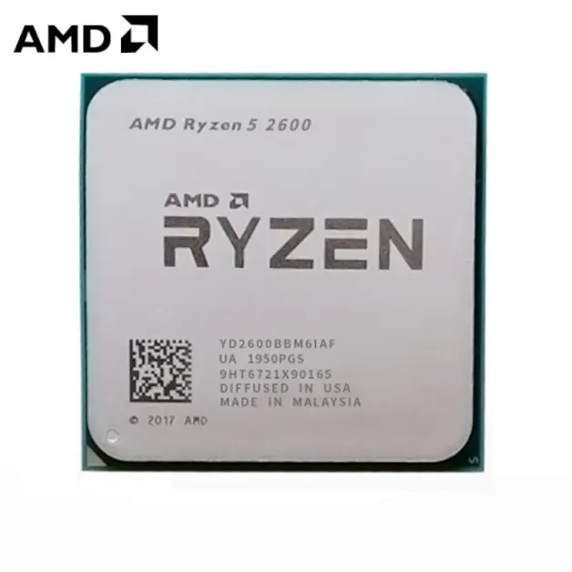 AMD Ryzen 5 2600 processor, showcasing front design with model markings and logo