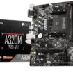 Overview of MSI A320M PRO-VH motherboard showing ports, fan headers, and compact design