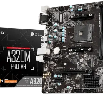 Overview of MSI A320M PRO-VH motherboard showing ports, fan headers, and compact design