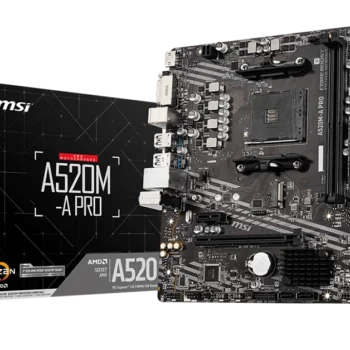 MSI A520M-A PRO motherboard overview showing key features for Ryzen compatibility, dual memory slots, HDMI, and M.2 slot