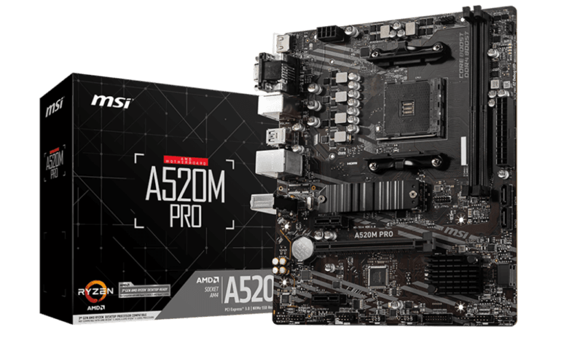 MSI A520M Pro motherboard with Ryzen compatibility, M.2 slot, HDMI, and PCIe 3.0 for affordable gaming and productivity.