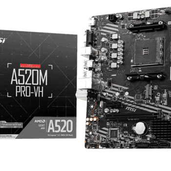 Overview of MSI A520M PRO-VH motherboard showing Ryzen compatibility, 64GB RAM support, HDMI, VGA output, and PCIe slots for graphics cards and storage.