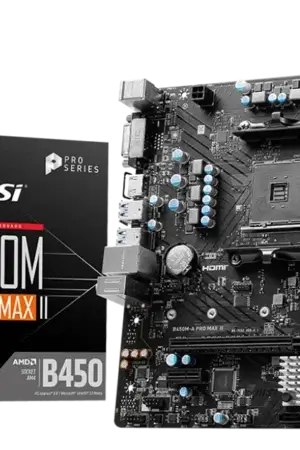 MSI B450 TOMAHAWK MAX II motherboard front view with heatsinks and PCIe slot