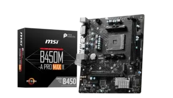 MSI B450 TOMAHAWK MAX II motherboard front view with heatsinks and PCIe slot