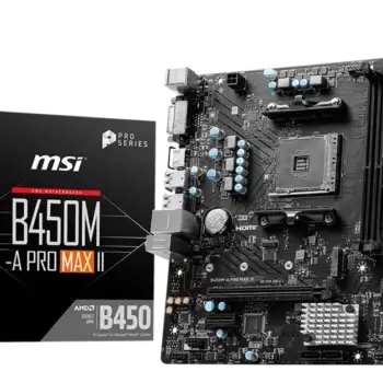 MSI B450 TOMAHAWK MAX II motherboard front view with heatsinks and PCIe slot