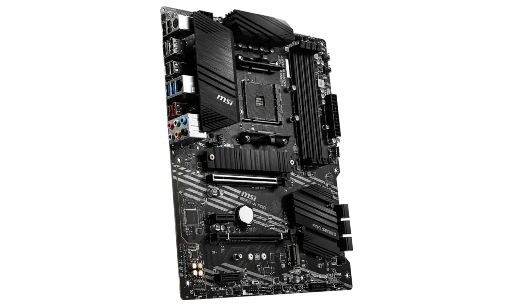 MSI B550-A PRO back panel featuring multiple USB ports, HDMI, and DisplayPort outputs.