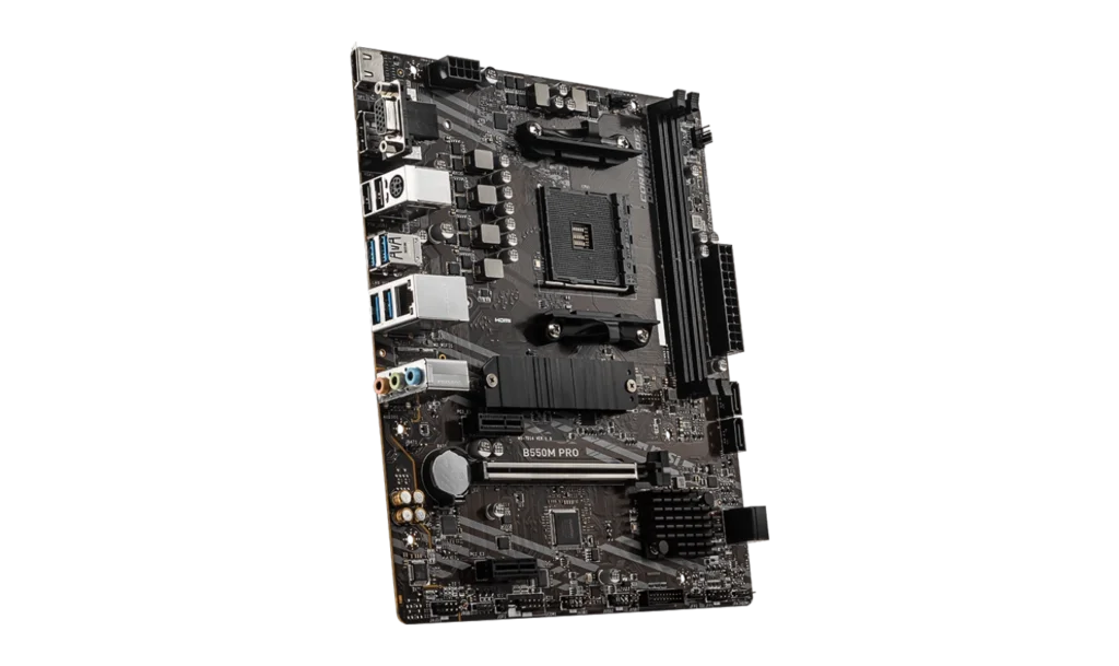 MSI B550M PRO Motherboard back panel with detailed I/O ports.