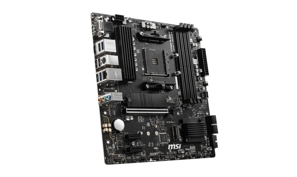 MSI B550M PRO-VDH back panel showing USB 3.2 ports, HDMI, VGA, and audio jacks for versatile connectivity.