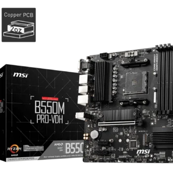 MSI B550M PRO-VDH motherboard overview highlighting key features like PCIe 4.0, M.2 slots, and AMD Ryzen compatibility.
