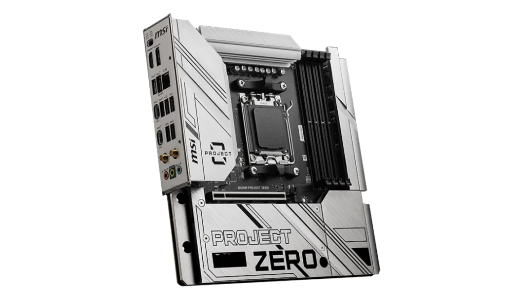 MSI B650M PROJECT ZERO back panel with USB ports, HDMI, DisplayPort, and audio connectors for versatile connectivity options.