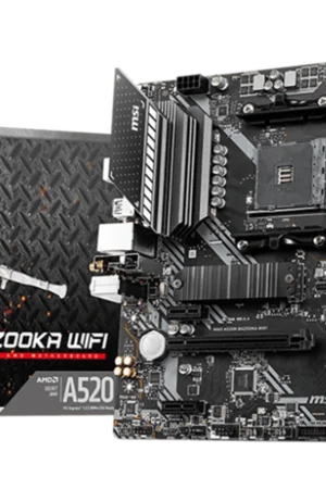 MSI MAG A520M BAZOOKA WIFI motherboard overview featuring Ryzen 5000 compatibility, built-in Wi-Fi, PCIe 3.0 slots, M.2 storage, and Micro-ATX form factor.