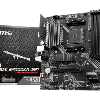 MSI MAG A520M BAZOOKA WIFI motherboard overview featuring Ryzen 5000 compatibility, built-in Wi-Fi, PCIe 3.0 slots, M.2 storage, and Micro-ATX form factor.