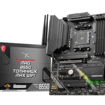 MSI MAG B550 TOMAHAWK MAX WIFI motherboard showcasing advanced features and sleek design.
