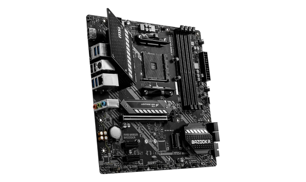 MSI MAG B550M BAZOOKA back panel ports with detailed connectivity options.