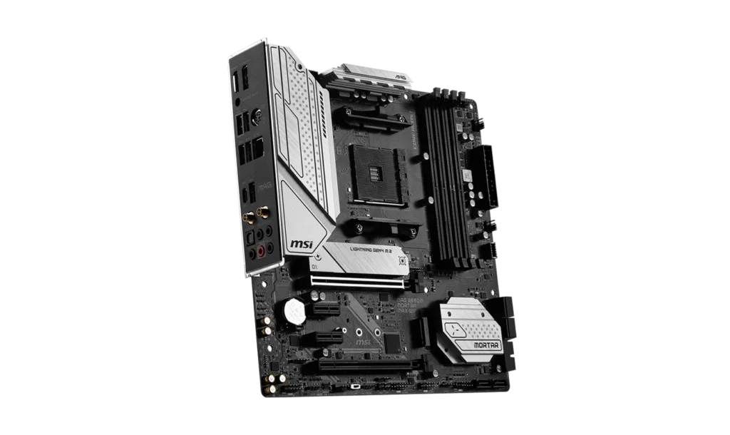 MSI MAG B550M MORTAR MAX WIFI back panel layout featuring multiple USB ports, HDMI, DisplayPort, and Wi-Fi 6 antenna connectors.