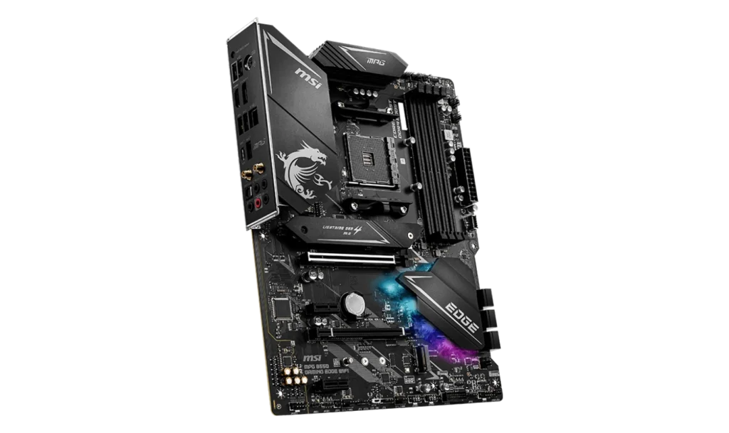 MSI MPG B550 GAMING EDGE WIFI back panel showcasing connectivity ports, including USB, HDMI, and Wi-Fi antennas.