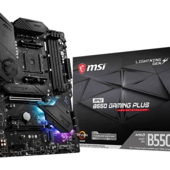 Overview of MSI MPG B550 GAMING PLUS Motherboard highlighting features like PCIe 4.0, dual M.2 slots, and gaming-ready design.