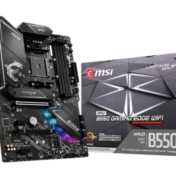 Top view of the MSI MPG B550I GAMING EDGE WIFI motherboard showcasing its compact ITX design, heatsinks, and PCIe 4.0 slot.