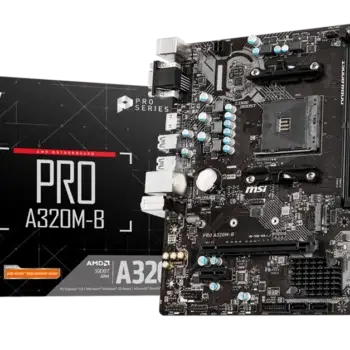 MSI PRO A320M-B motherboard overview showing ports, fan headers, and design.