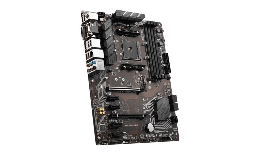 MSI PRO B550-P GEN3 back panel overview with USB ports, HDMI, LAN, and audio connections.