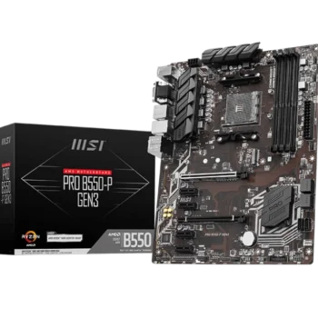 MSI PRO B550-P GEN3 motherboard front overview showcasing PCIe slots, RAM slots, and storage options.