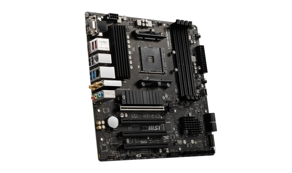 Back panel of MSI PRO B550M-VC WIFI motherboard showing USB ports, HDMI, DisplayPort, LAN, and Wi-Fi antenna connectors.