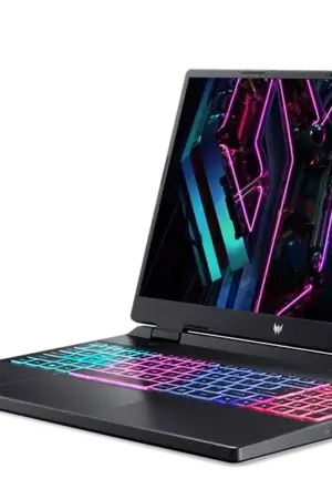 Predator Helios Neo 16 front side view showcasing sleek design and gaming-focused build.