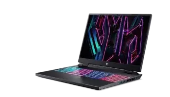 Predator Helios Neo 16 front side view showcasing sleek design and gaming-focused build.