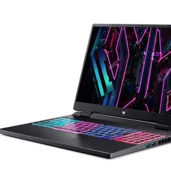 Predator Helios Neo 16 front side view showcasing sleek design and gaming-focused build.