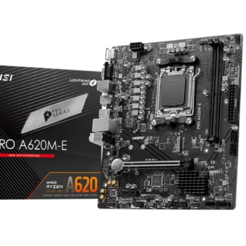 Main featured image of the MSI PRO A620M-E motherboard with AM5 socket, DDR5 support, PCIe 4.0 compatibility, and HDMI 2.1 connectivity for budget gaming and productivity builds.