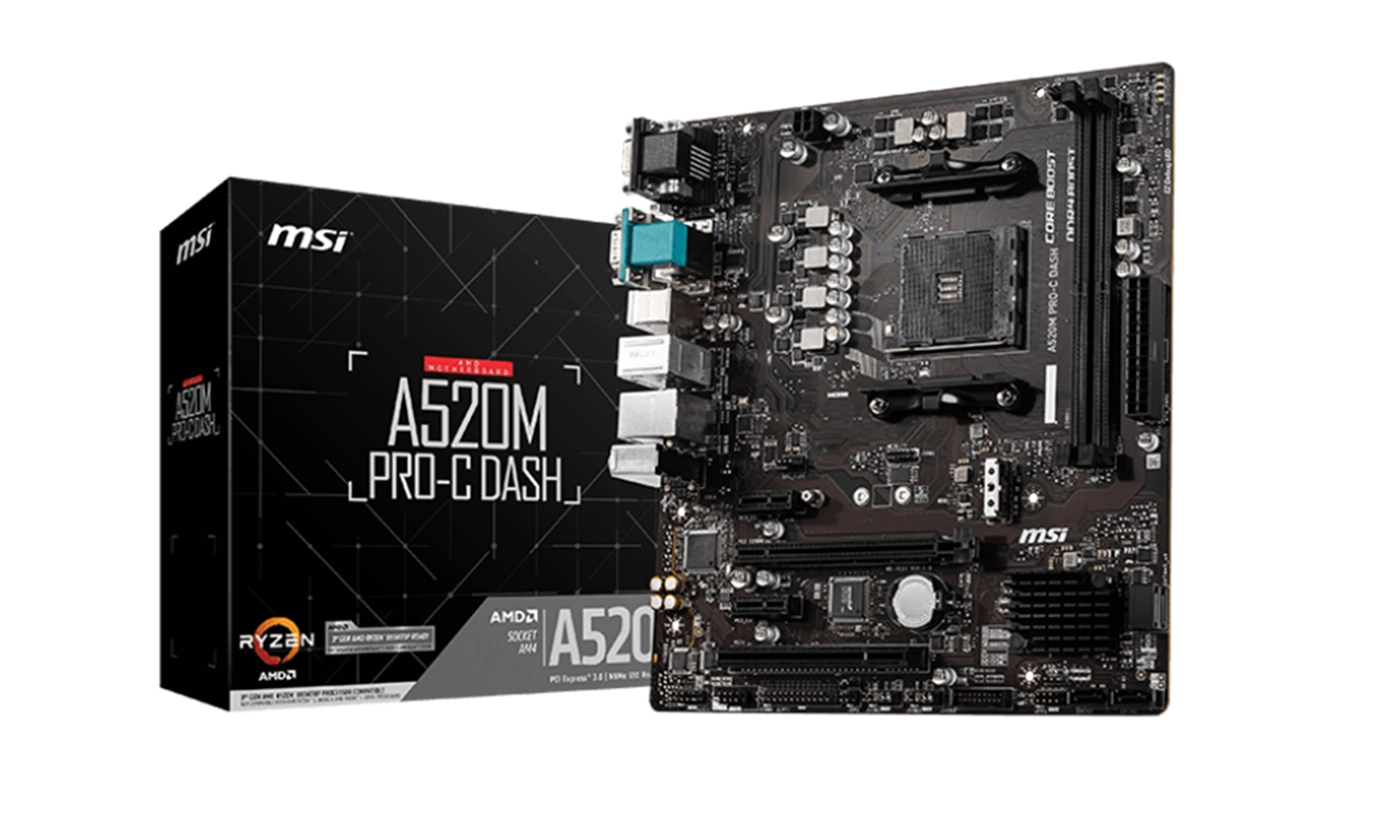 MSI A520M PRO-C DASH motherboard overview showcasing Ryzen 5000 support, integrated Wi-Fi, PCIe 3.0 slots, M.2 storage, and Micro-ATX design for versatile builds.