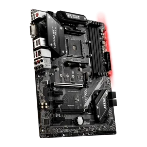 MSI B450 TOMAHAWK MAX II motherboard overview showcasing AM4 socket, DDR4 slots, PCIe x16 support, M.2 slot, SATA ports, and rear I/O panel.