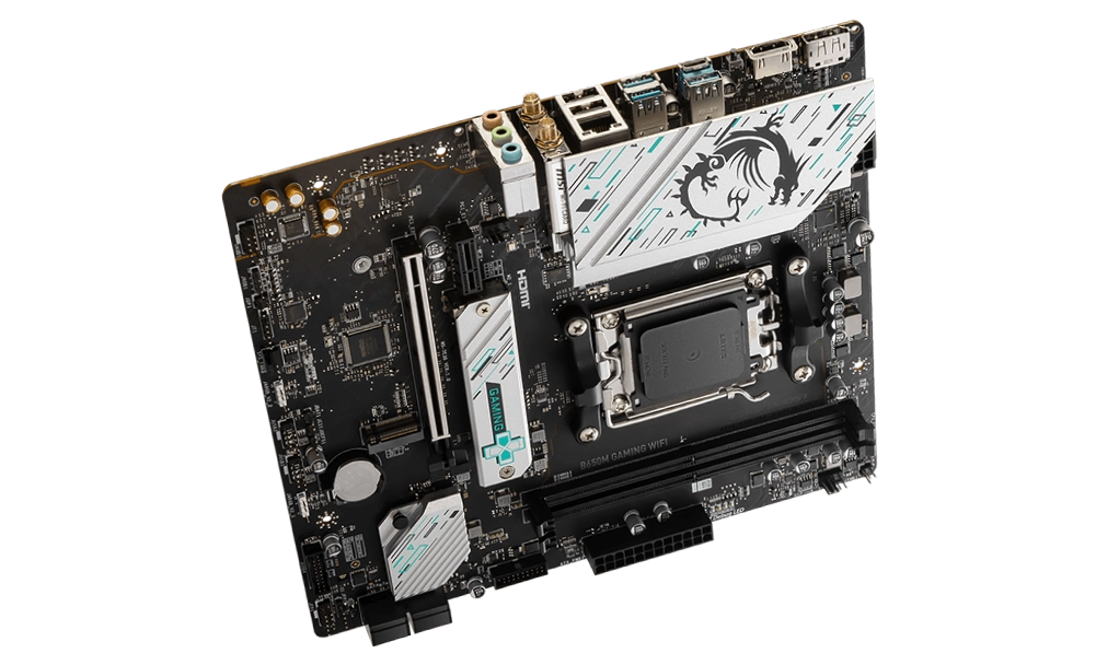 MSI B650M GAMING WIFI back panel featuring HDMI, DisplayPort, USB 3.2 ports, and Wi-Fi antenna connectors for versatile connectivity and modern setups.