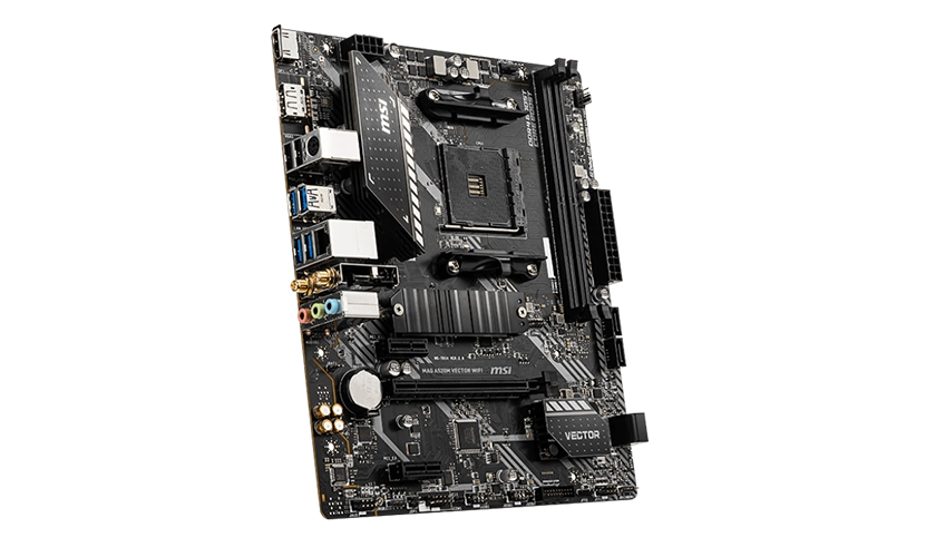 MSI MAG A520M VECTOR WIFI back panel with USB 3.2 ports, HDMI, DisplayPort, LAN, Wi-Fi antenna connectors, and audio jacks for versatile connectivity.