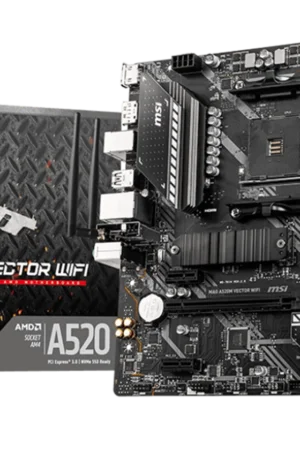 MSI MAG A520M VECTOR WIFI motherboard overview showcasing Ryzen 5000 compatibility, built-in Wi-Fi, PCIe 3.0 support, 64GB RAM capacity, and compact Micro-ATX design.