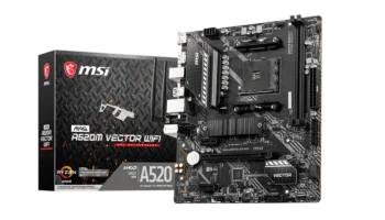 MSI MAG A520M VECTOR WIFI motherboard overview showcasing Ryzen 5000 compatibility, built-in Wi-Fi, PCIe 3.0 support, 64GB RAM capacity, and compact Micro-ATX design.