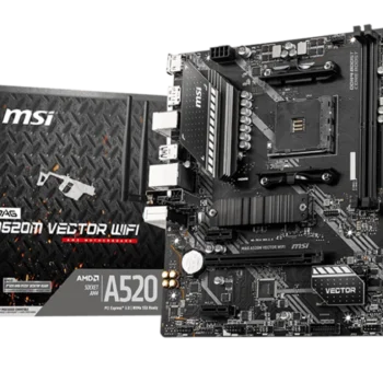 MSI MAG A520M VECTOR WIFI motherboard overview showcasing Ryzen 5000 compatibility, built-in Wi-Fi, PCIe 3.0 support, 64GB RAM capacity, and compact Micro-ATX design.