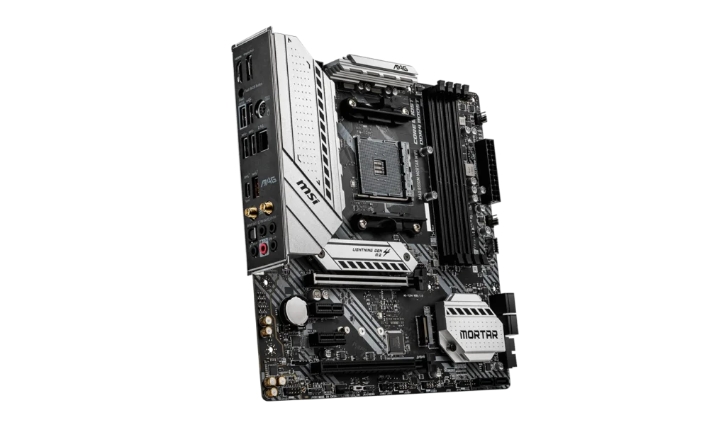 Close-up view of the MSI MAG B550M MORTAR WIFI back panel with USB ports, audio jacks, HDMI, and DisplayPort connectors."