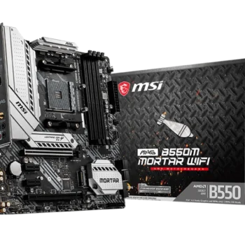 MSI MAG B550M MORTAR WIFI motherboard with key features highlighted, showcasing its compact design and advanced connectivity options.