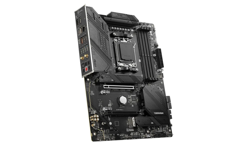 MSI MAG B650 TOMAHAWK WIFI back panel ports, including USB 3.2, HDMI, DisplayPort, and Wi-Fi antenna connections.