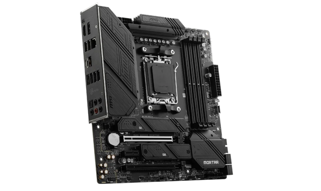 Back panel of the MSI MAG B650M MORTAR featuring HDMI, DisplayPort, USB 3.2 ports, and Wi-Fi antenna connectors for versatile connectivity in compact builds.