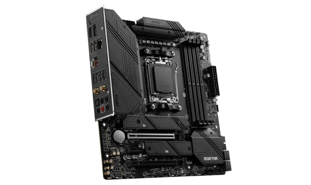 MSI MAG B650M MORTAR WIFI back panel featuring USB 3.2 ports, HDMI, DisplayPort, and Wi-Fi antenna connections for seamless connectivity.