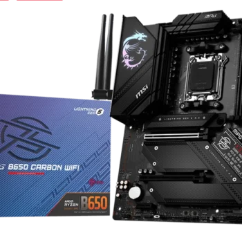 MSI MPG B650 CARBON WIFI motherboard overview highlighting its PCIe 5.0 slots, DDR5 support, and robust cooling features.