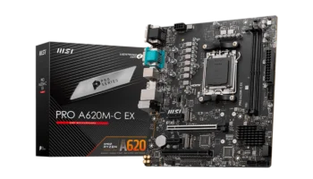 MSI PRO A620M-C EX motherboard featuring AM5 socket, DDR5 support, PCIe 4.0 slots, and HDMI 2.1 connectivity, ideal for budget gaming and productivity builds.